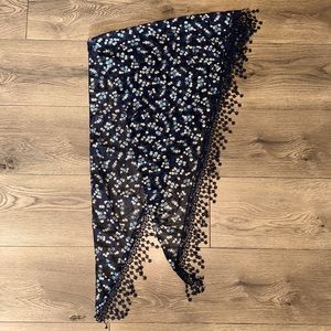 Navy Blue and White Flowered Head Scarf Wrap or Shoulder Scarf